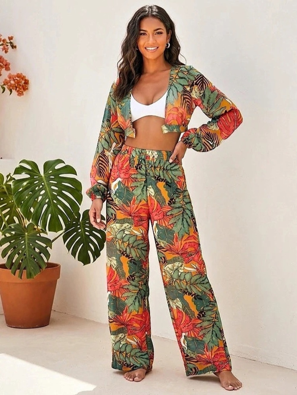 PRETTYLITTLETHING Tropical 2-Piece Long Sleeve & Wide-Leg Pants Set Size 4 chic
